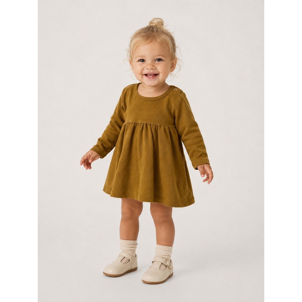 Quincy Mae Mustard Yellow 100% Organic Cotton Long Sleeve Dress 12-18M Baby Girl
